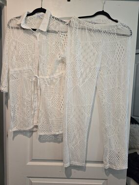 Blue Island White Sheer Crochet top and Pants Set